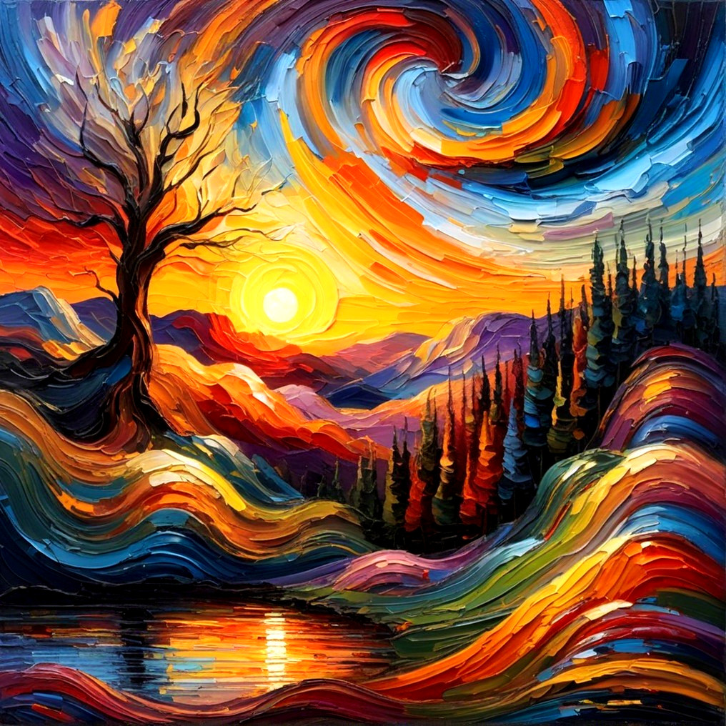 Vibrant Sunset with Tree and Reflective Water Scene