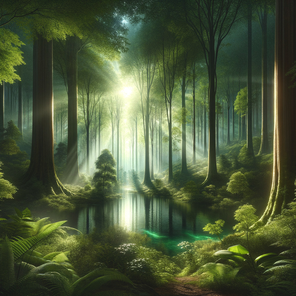 Serene Forest Scene with Tranquil Pond and Sunlight