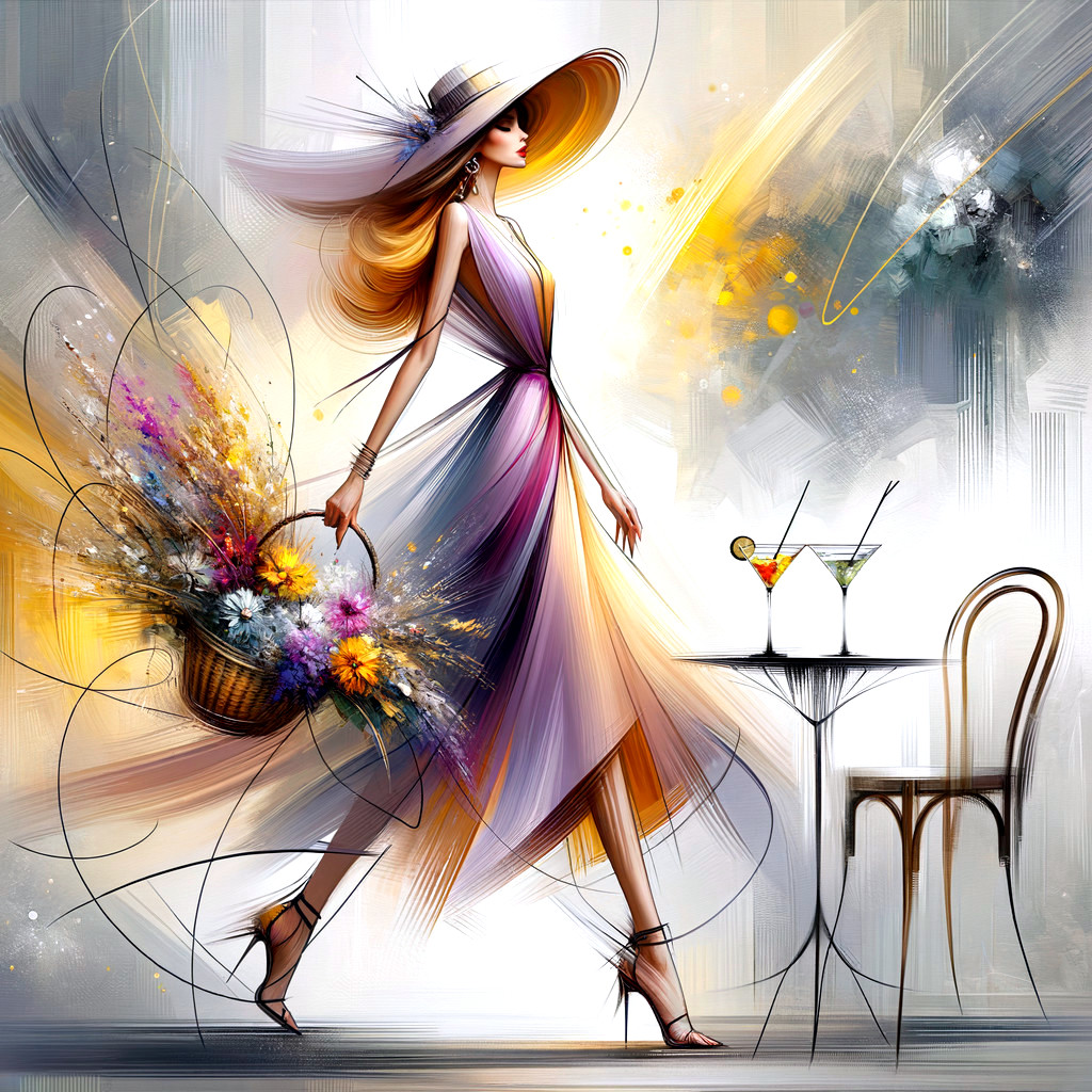 Chic Woman in Purple Dress with Flowers and Cocktails