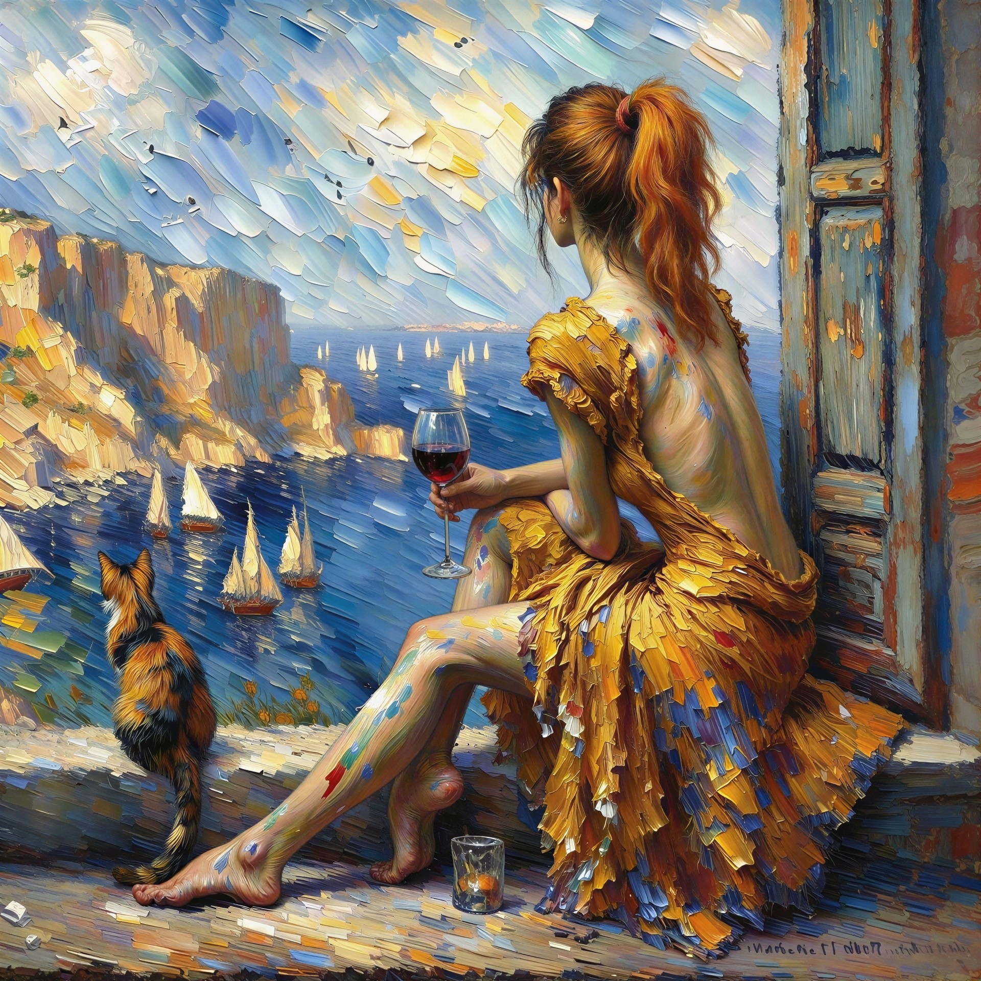 Impressionistic Scene of Woman in Golden Dress by Sea