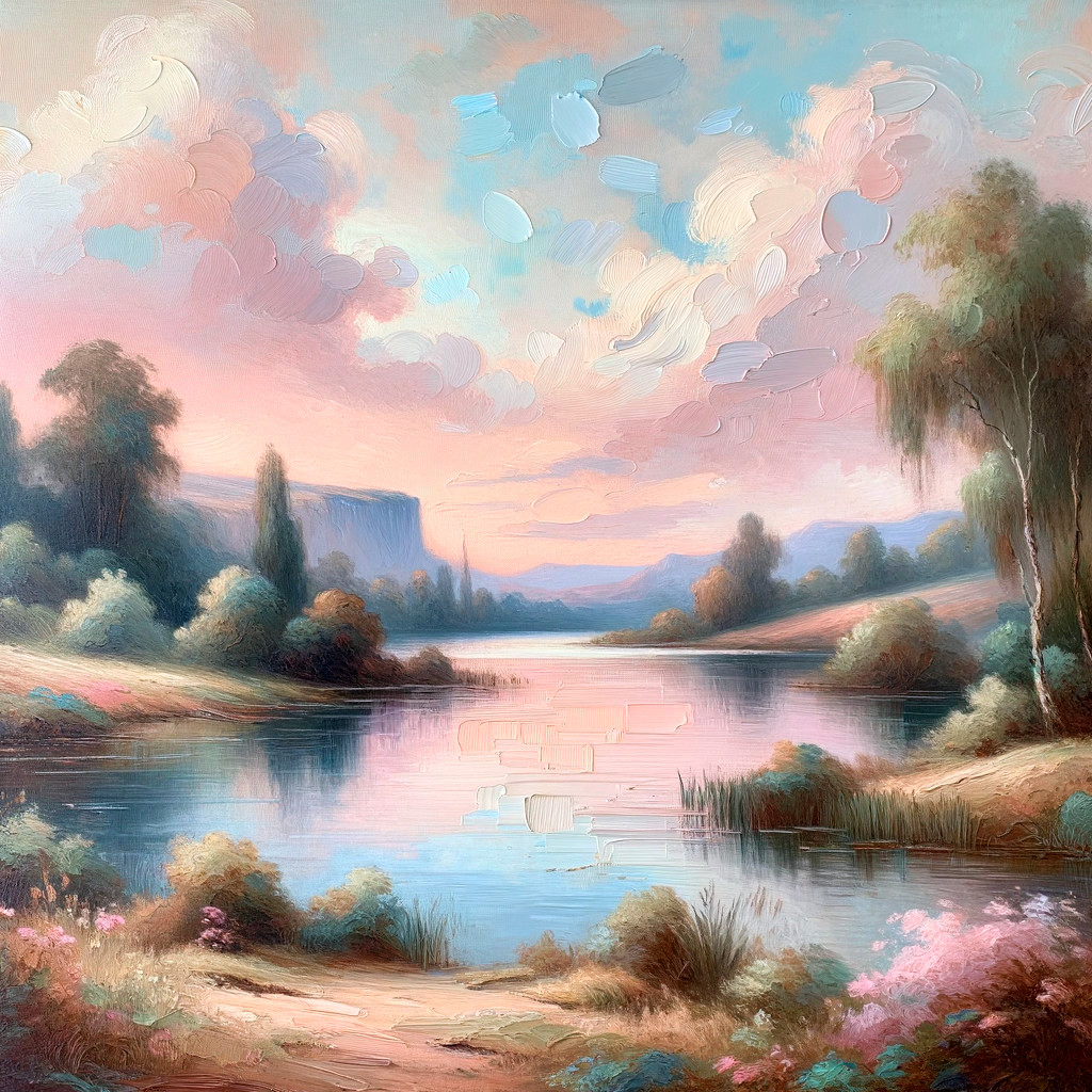 Tranquil Lake Surrounded by Lush Greenery and Flowers