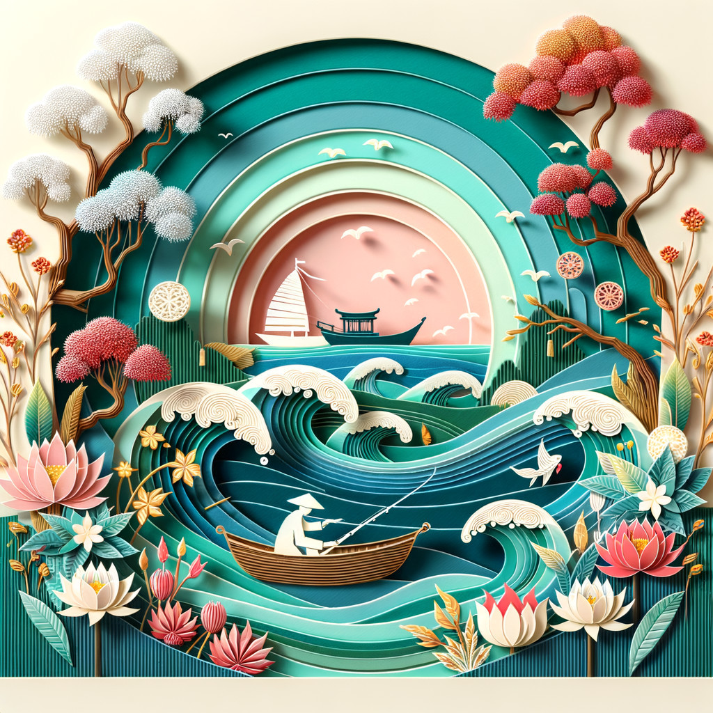Vibrant Paper Art of a Serene Fishing Landscape