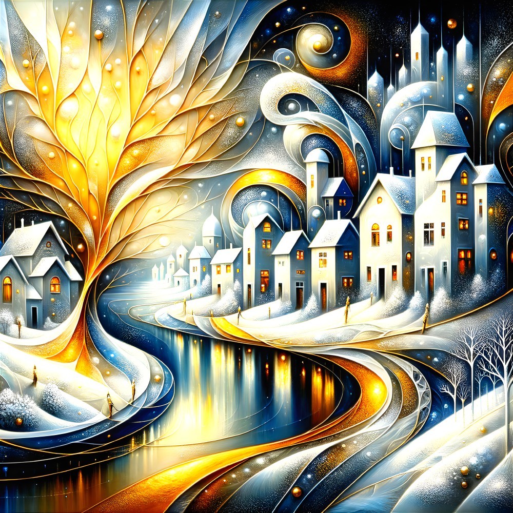 Vibrant Winter Scene with Snowy Landscape and River