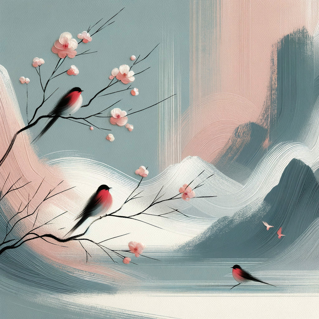 Serene Landscape with Cherry Blossoms and Birds