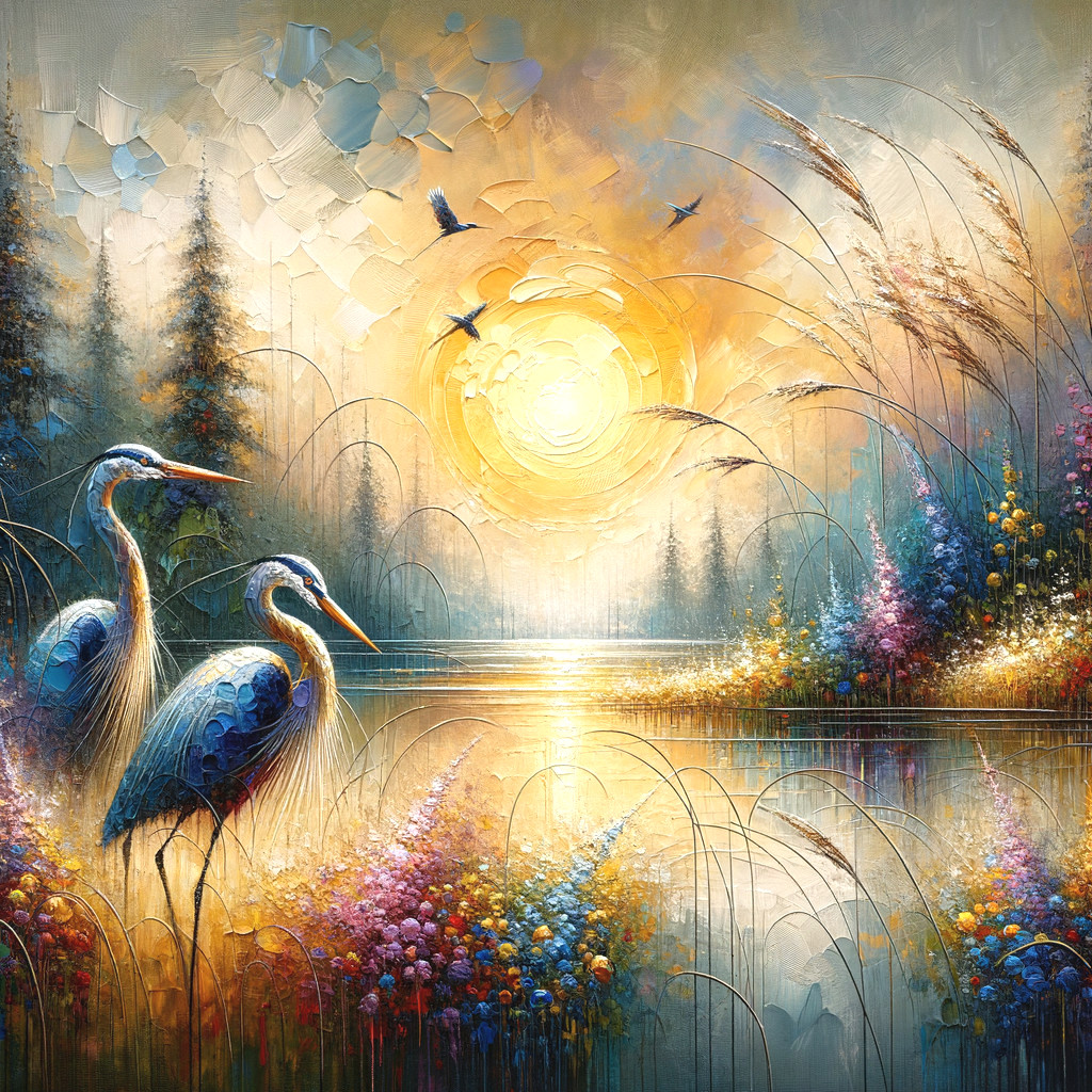 Serene Sunrise Landscape with Herons and Wildflowers