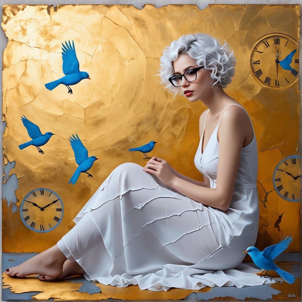 Young woman in white dress with gold background and birds