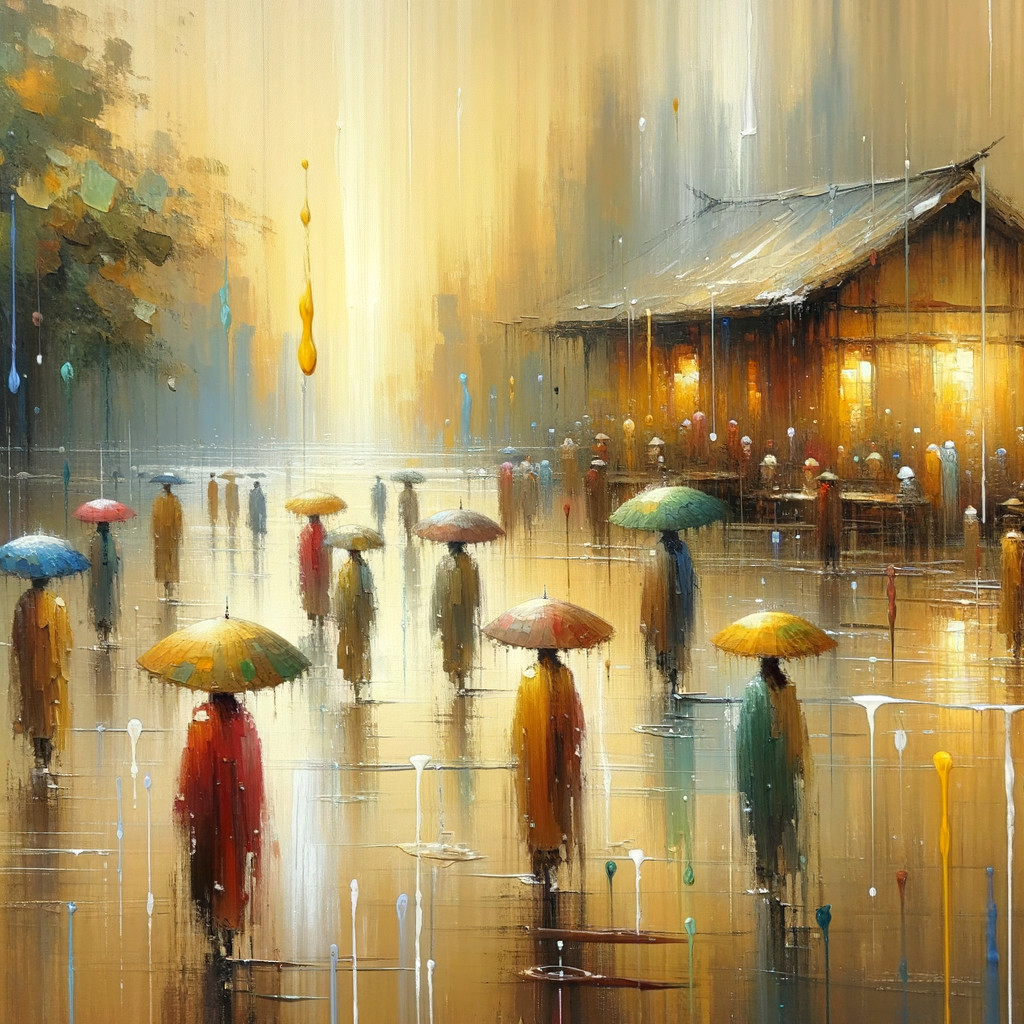 Impressionistic Scene of Figures on Rainy Street