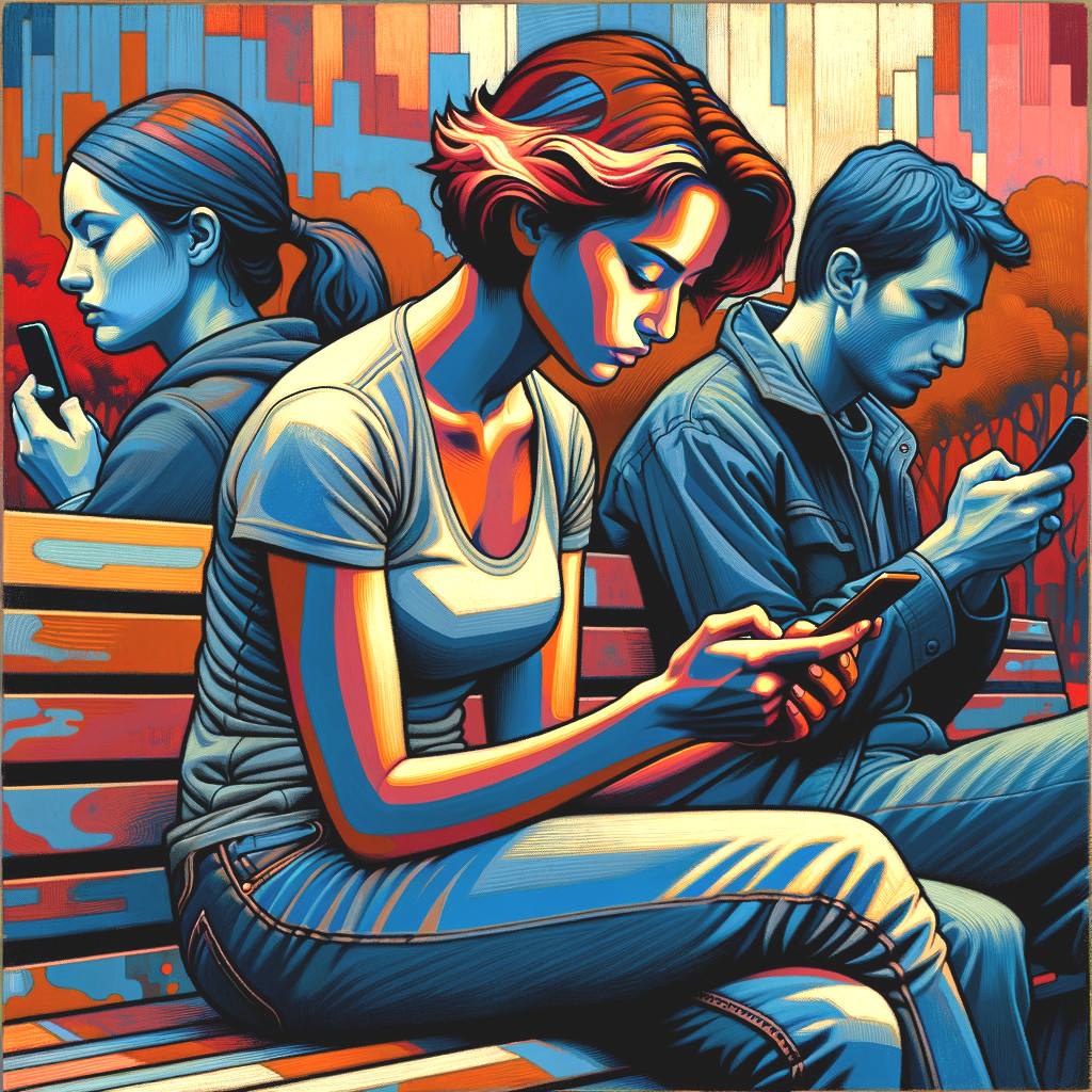 Urban Scene of Three Individuals on a Bench with Phones