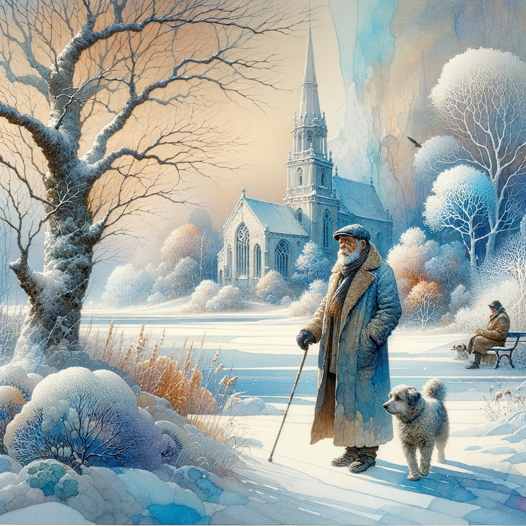 Elderly Man and Dog in Serene Winter Landscape