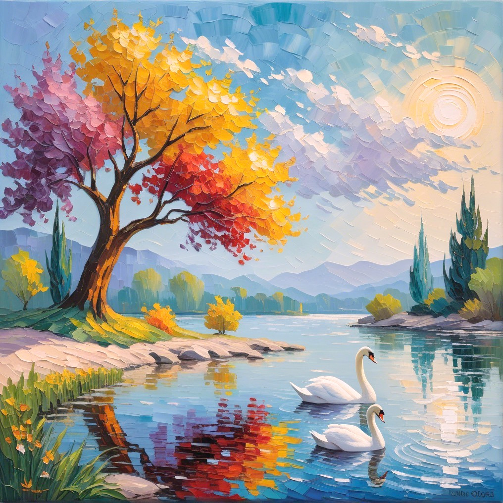 Vibrant Autumn Landscape with Swans on a Lake