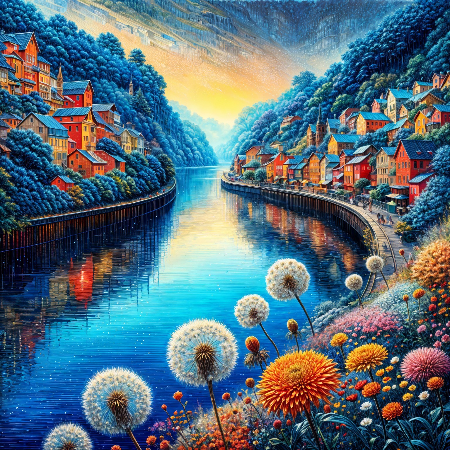 Serene riverside village with vibrant natural scenery