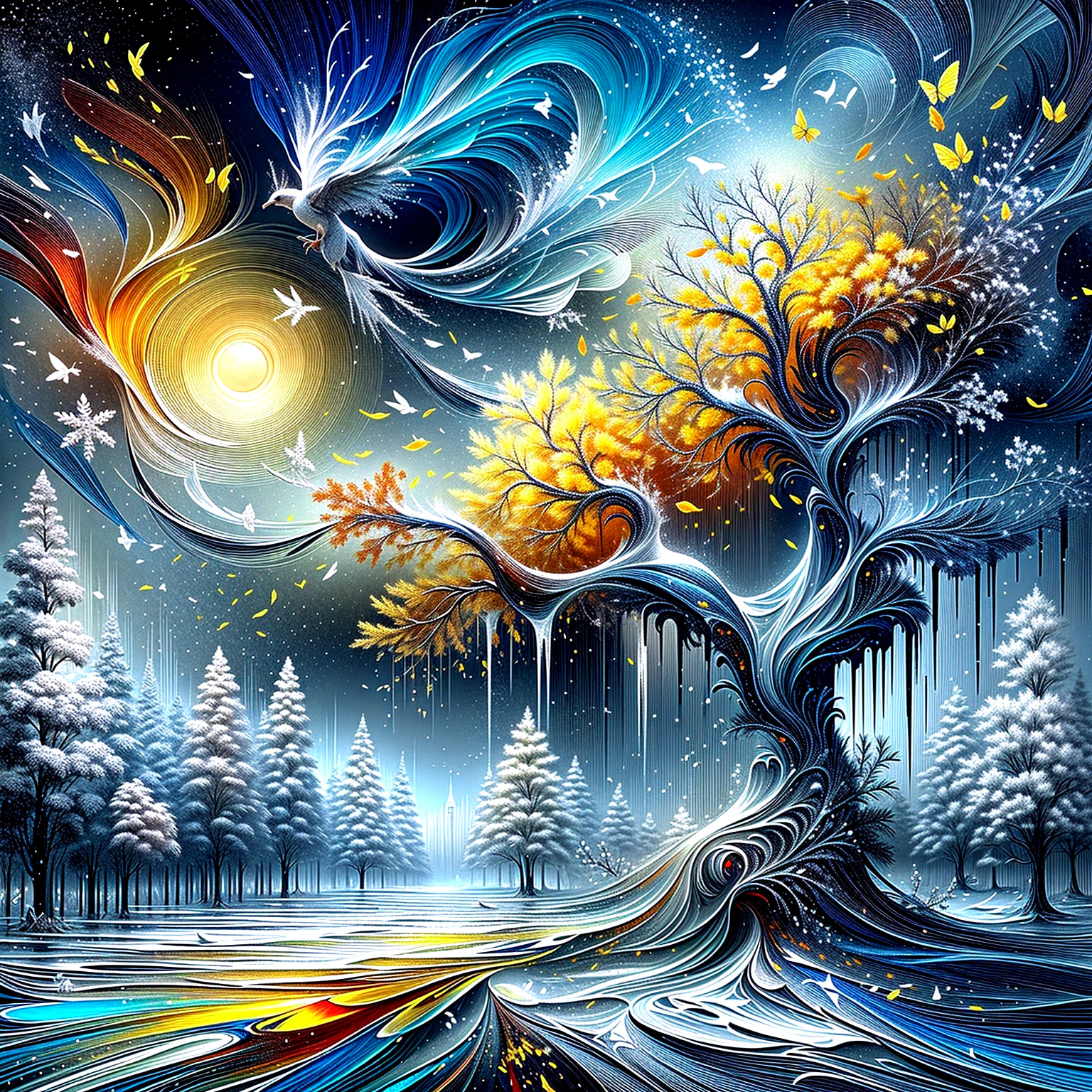 Surreal Landscape with Autumn Tree and Snowy Mountains