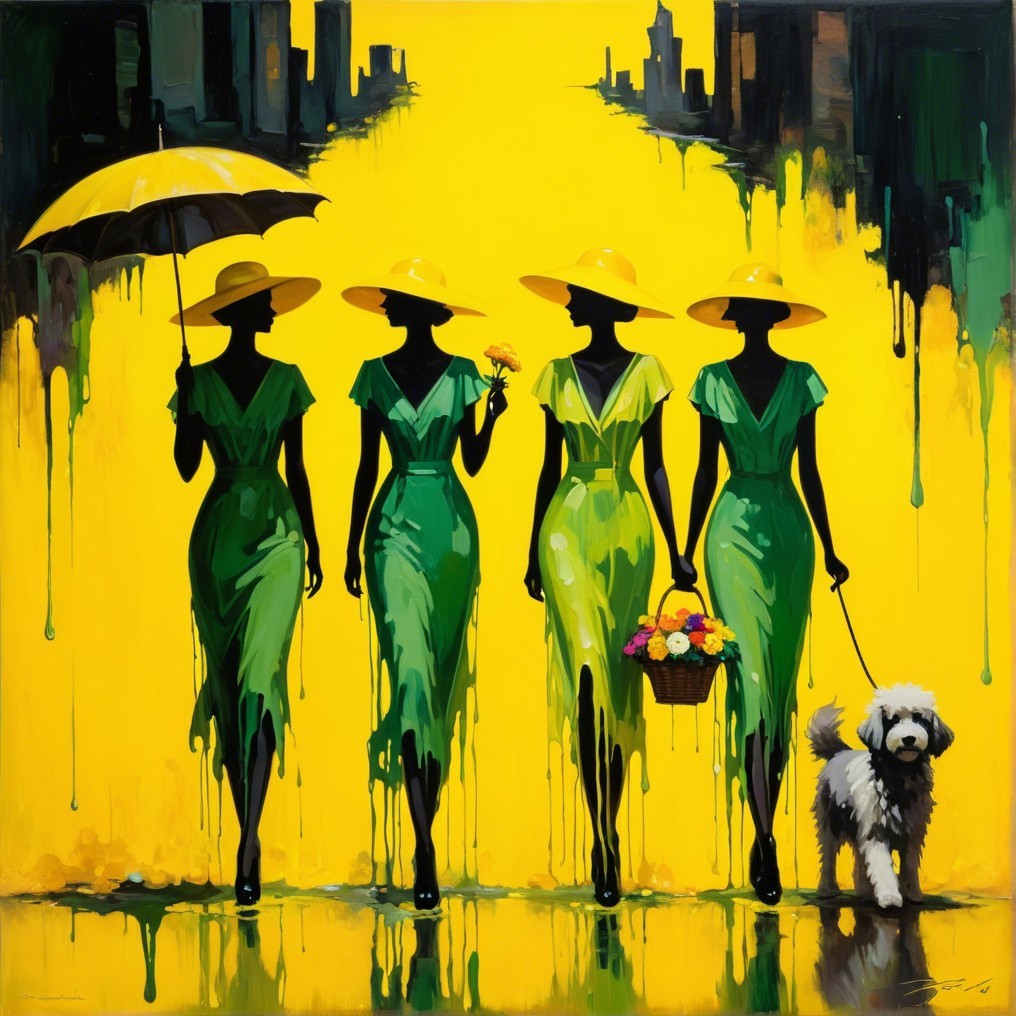 Stylish Figures in Green Dresses on Yellow Background