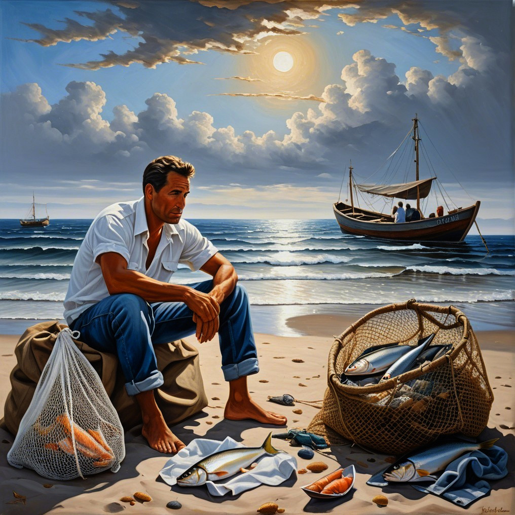 Lone Fisherman on Serene Beach with Day's Catch