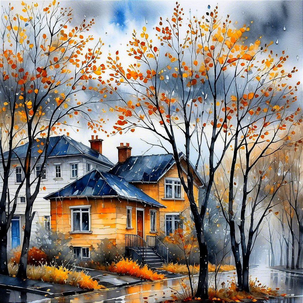 Autumn Scene with Cozy Homes and Vibrant Leaves