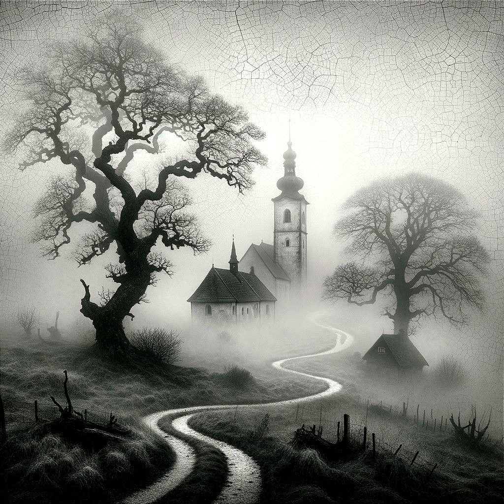 Foggy Landscape with Winding Path and Shadowy Church