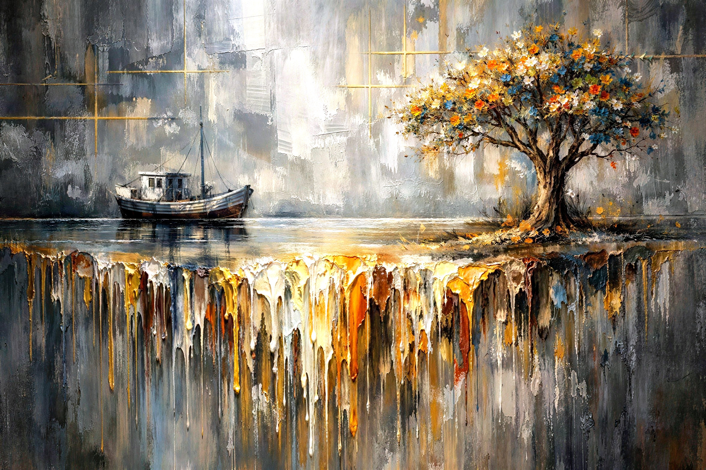 Impasto Painting of Boat on Water with Colorful Tree