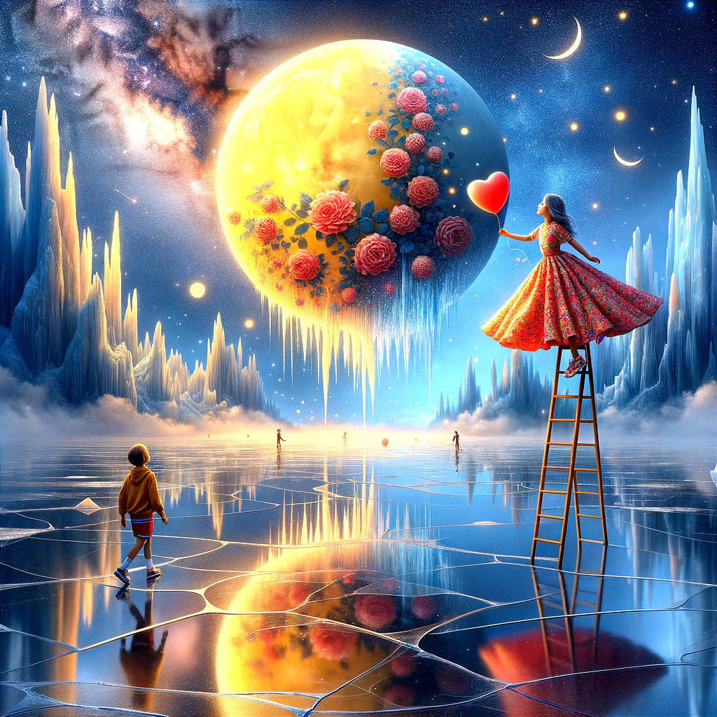 Surreal Landscape with Moon, Roses, and Reflections