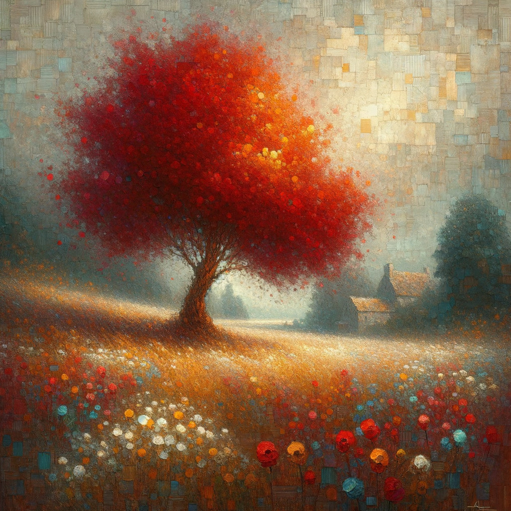 Vibrant Autumn Landscape with Red Tree and Cottage