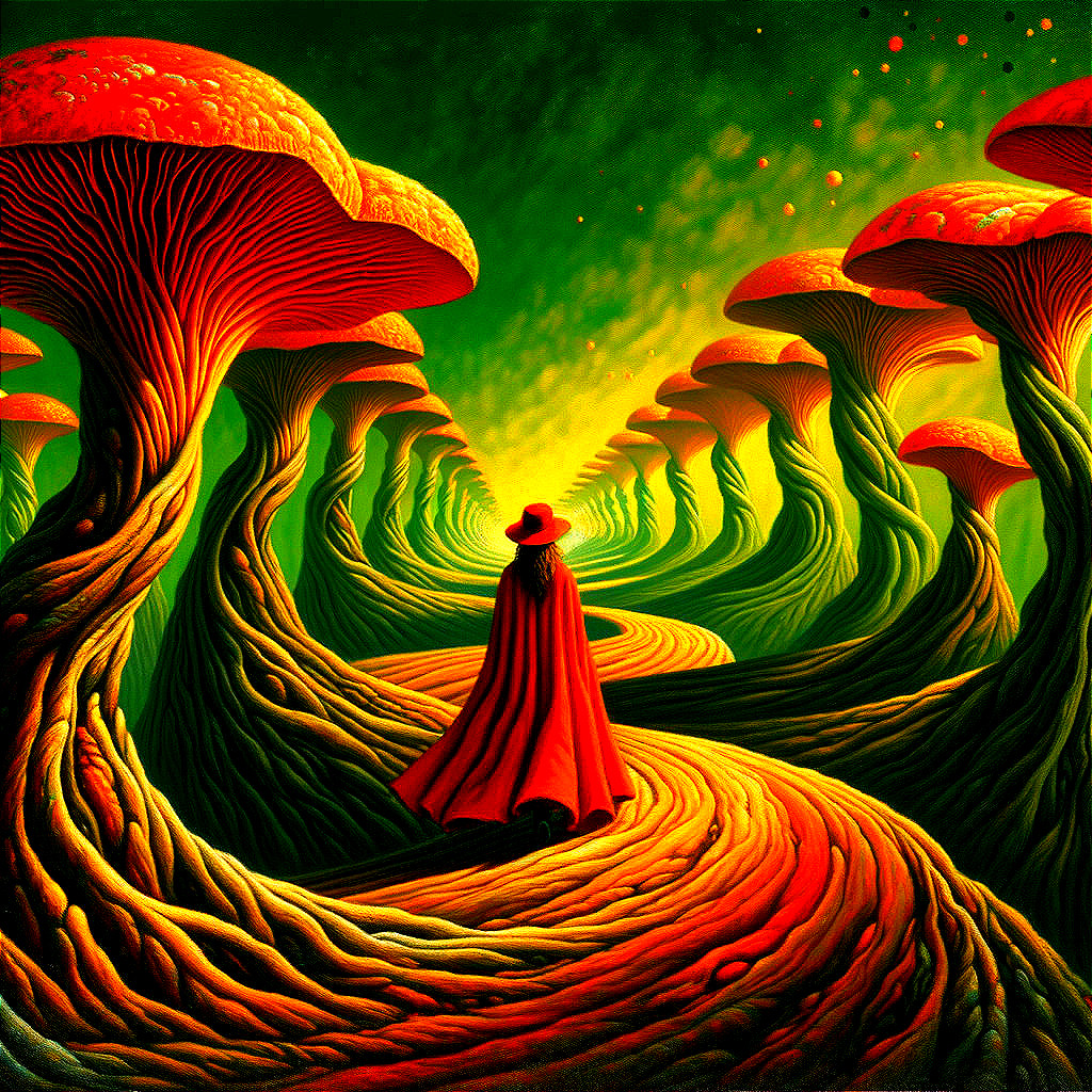 Surreal Landscape with Vibrant Mushrooms and Cloaked Figure