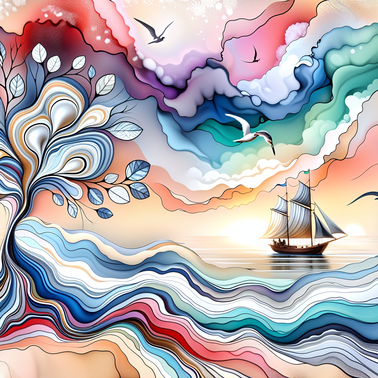 Vibrant Abstract Landscape with Ship and Stylized Tree