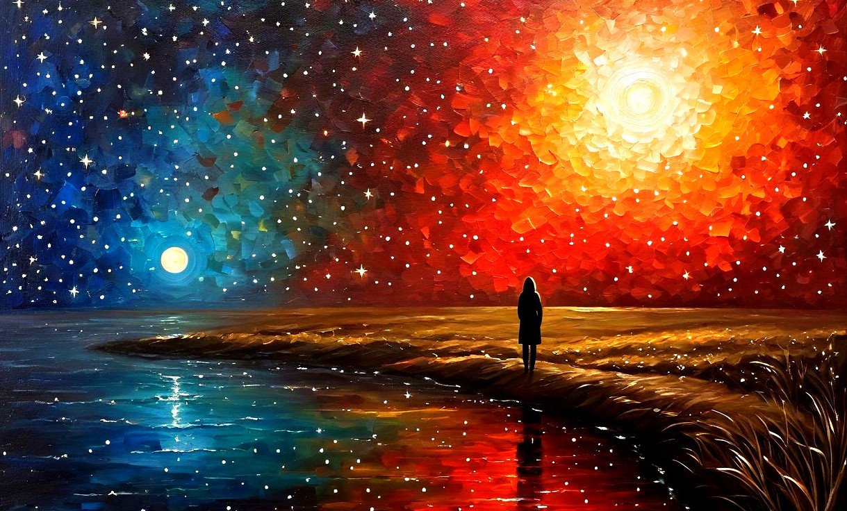 Silhouette on Shoreline with Cosmic Landscape