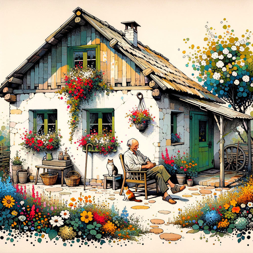Rustic cottage with thatched roof and vibrant gardens