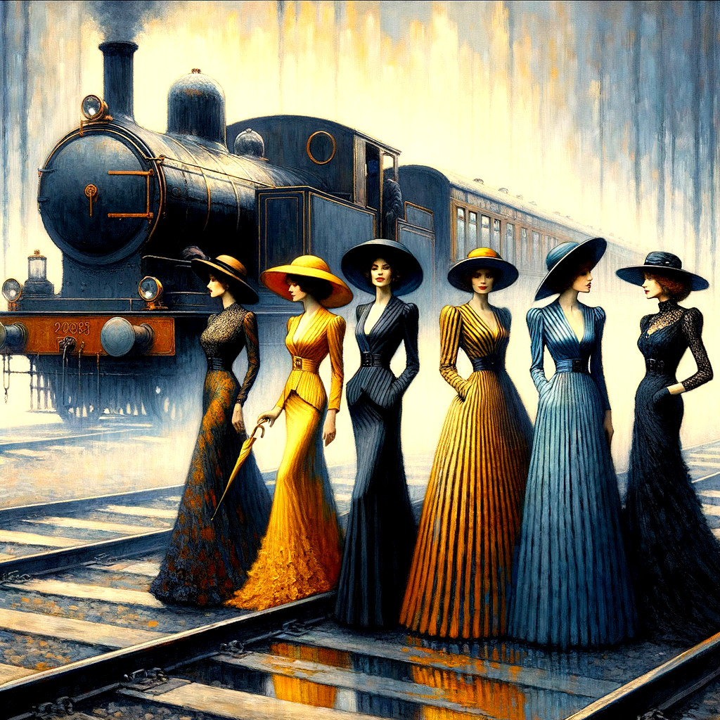 Elegant Vintage Attire with Steam Locomotive Background