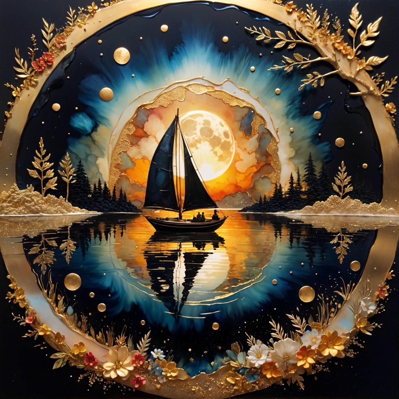 Sailboat on Calm Lake at Vibrant Sunset Reflection