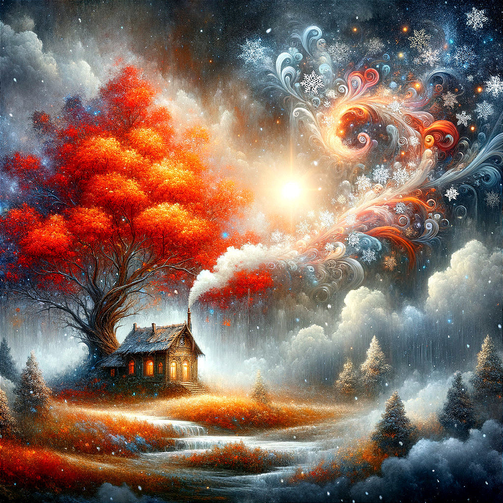 Whimsical Landscape with Cozy Cottage and Vibrant Tree