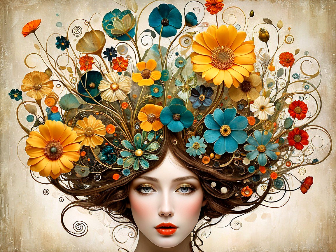 Whimsical Portrait of a Woman in Floral Garden