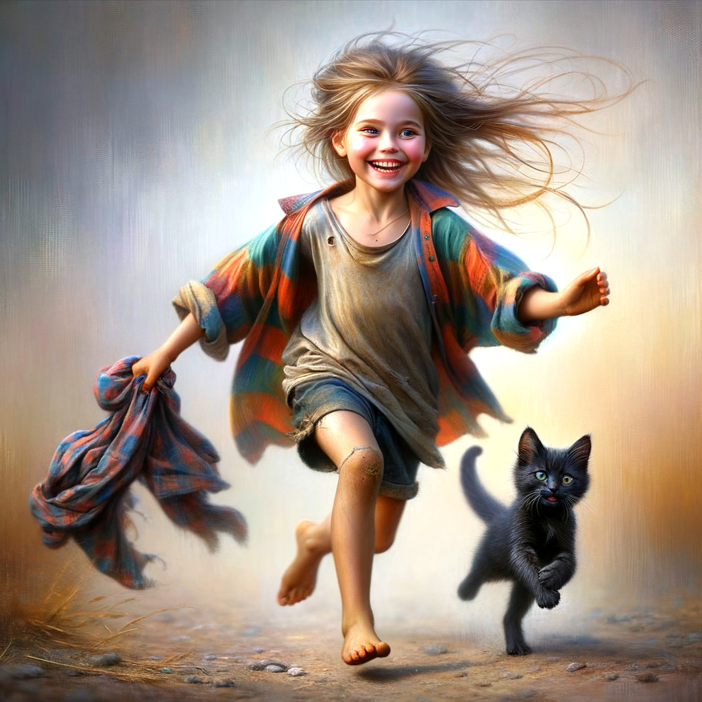 Joyful girl and kitten in sunlit field scene