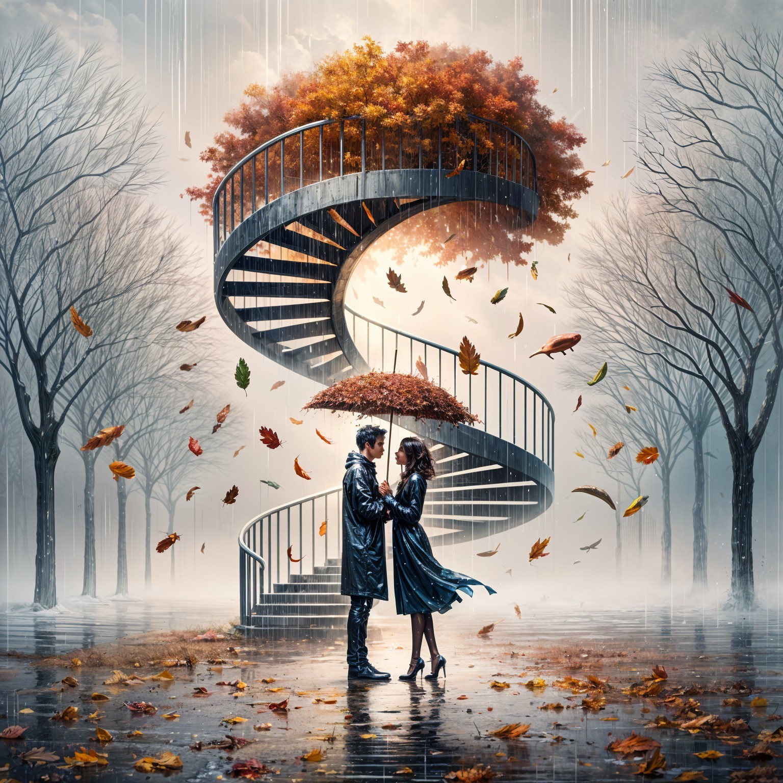 Couple on Spiral Staircase Surrounded by Autumn Leaves