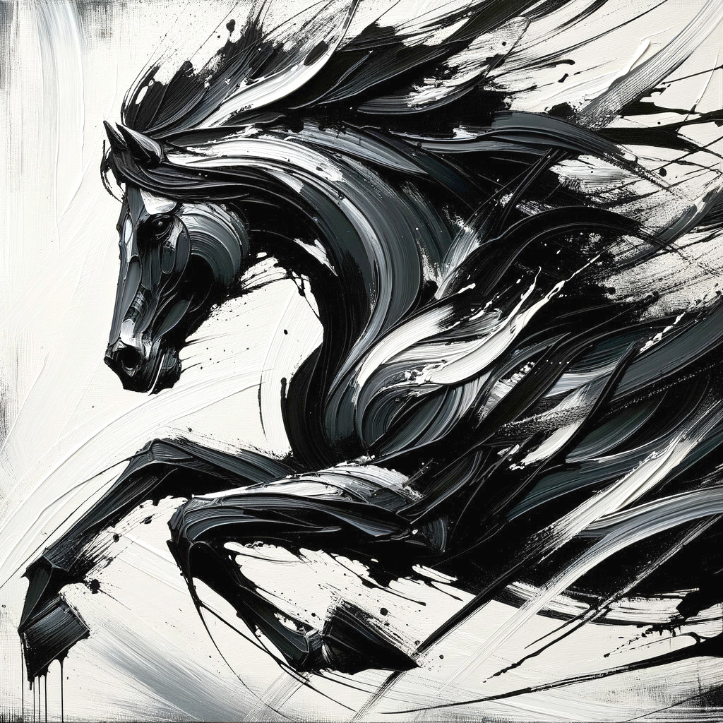Abstract Painting of a Galloping Horse in Black and White