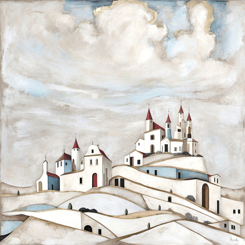 Serene Landscape with Stylized White Buildings and Hills