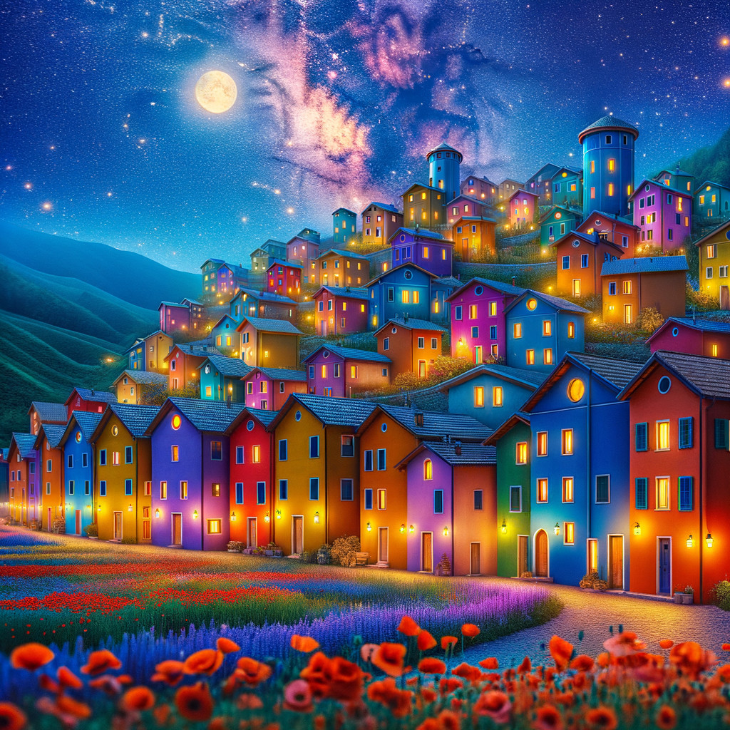 Whimsical Village with Colorful Houses and Starry Sky