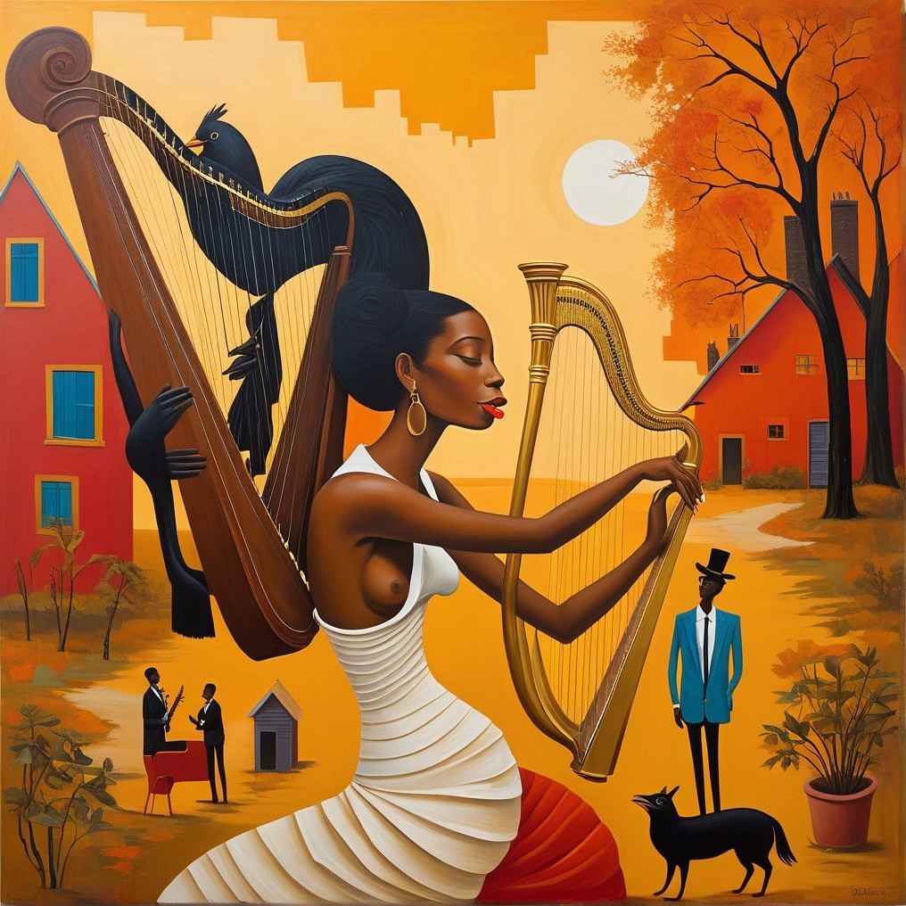 Stylized Painting of a Woman Playing Two Harps