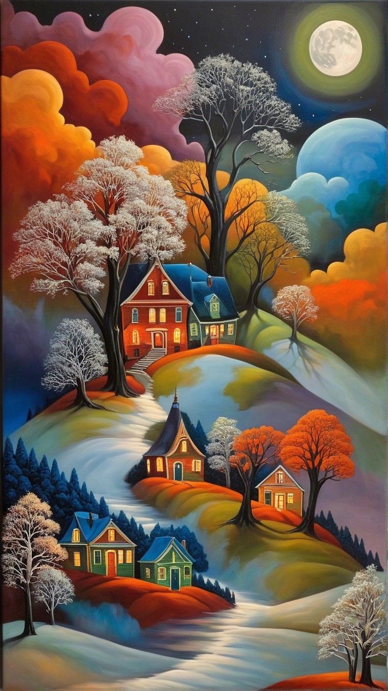 Whimsical Houses on Colorful Rolling Hills at Night