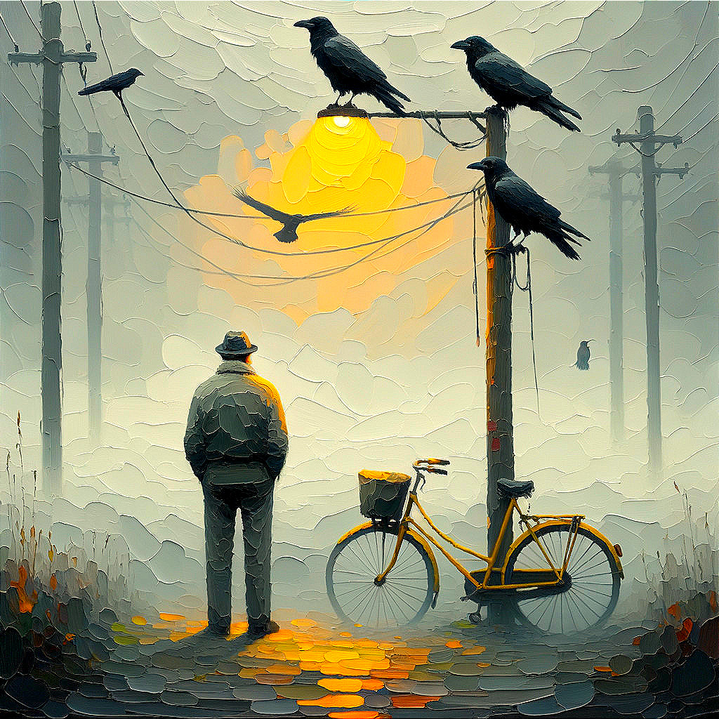 Misty Landscape with Figure and Vintage Bicycle at Dusk