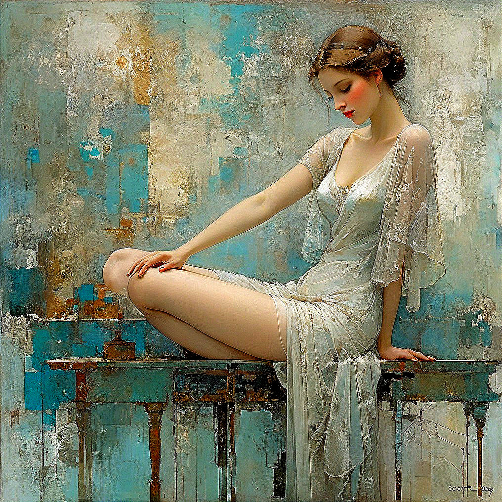 Serene Woman in White Gown on Rustic Table