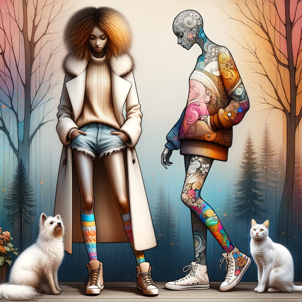 Fashionable Woman and Humanoid Figure in Whimsical Forest