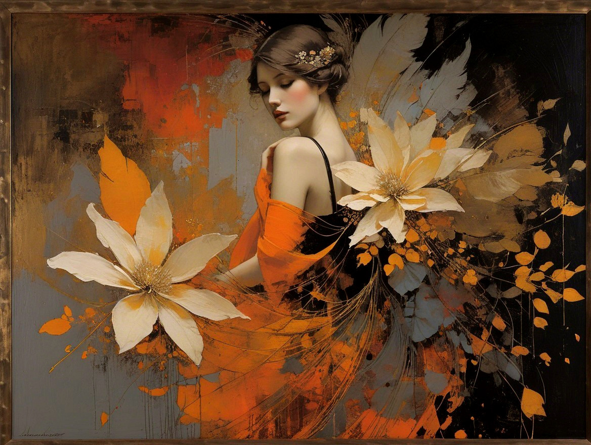 Elegant Woman with Floral Accents in Abstract Art