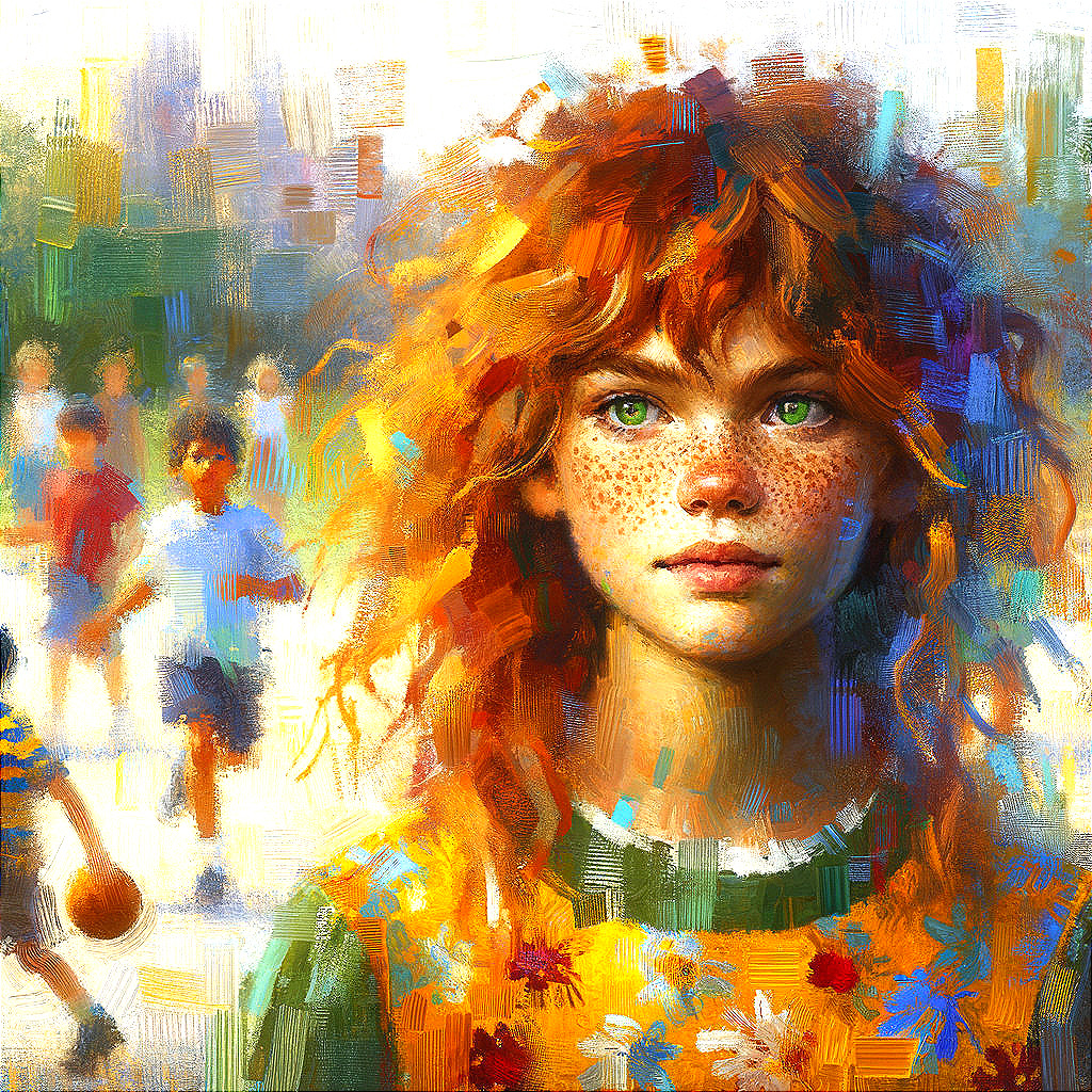 Young girl with red hair and green eyes in playful scene