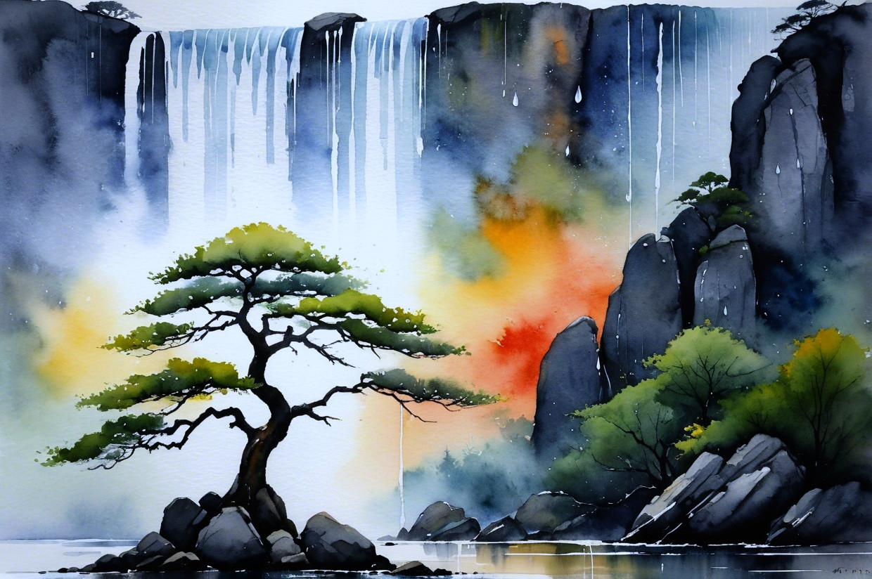 Watercolor Landscape with Waterfall and Tranquil Sky