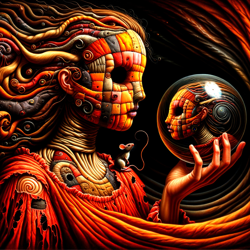 Surreal Scene with Faceless Figure and Crystal Sphere