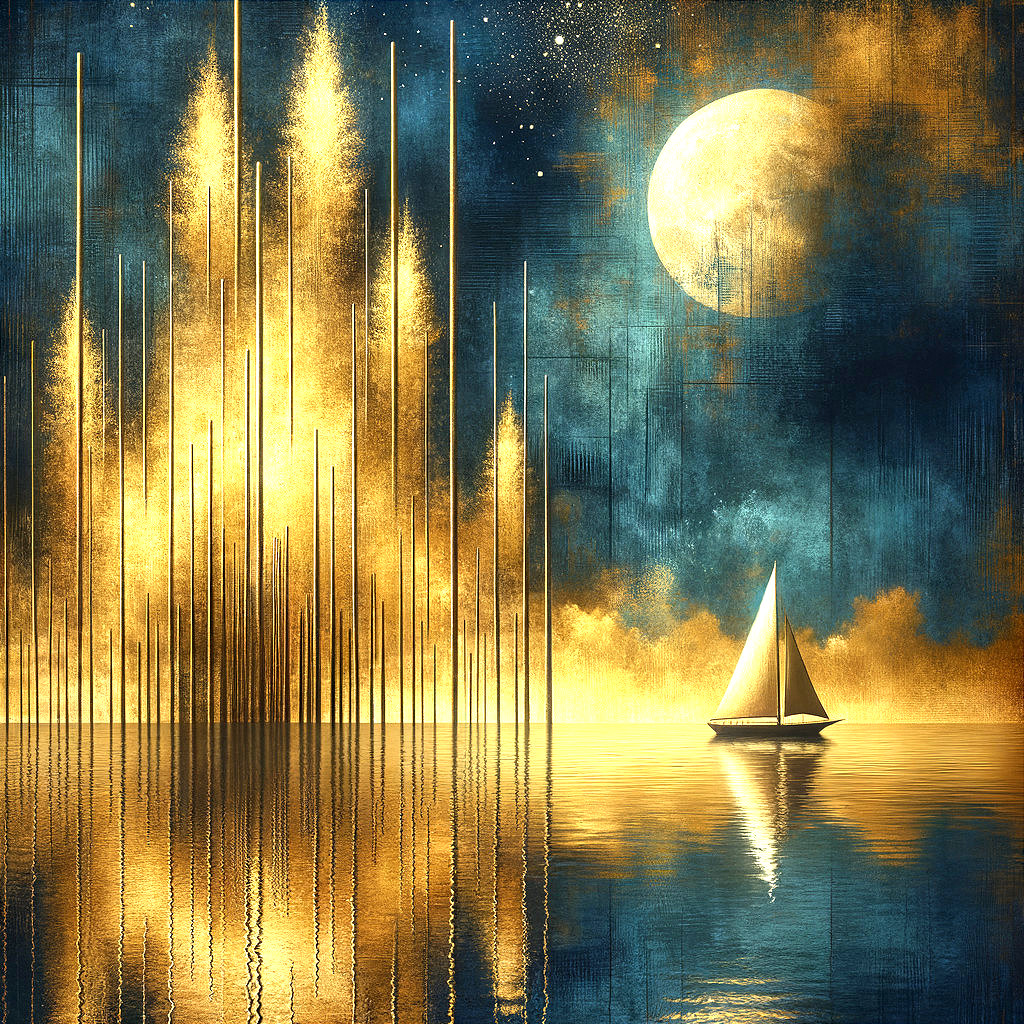 Sailboat on Water Under Moonlit Sky and Golden Beams
