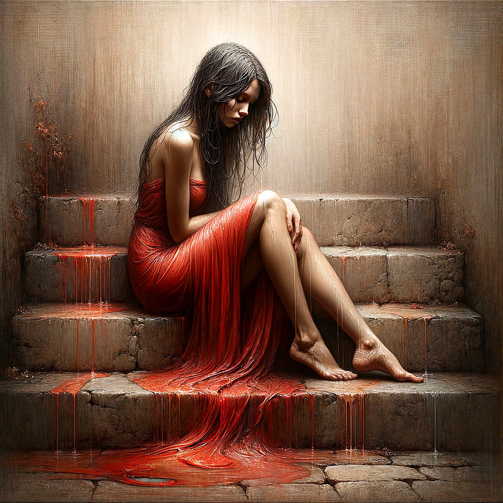 Sorrowful Woman in Red Dress on Weathered Steps
