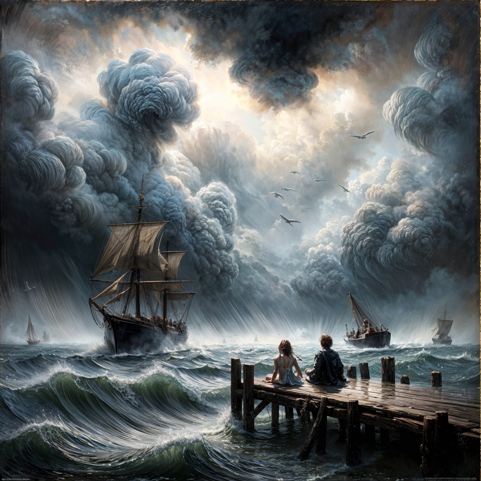 Children on Pier Overlooking Tumultuous Sea and Ships