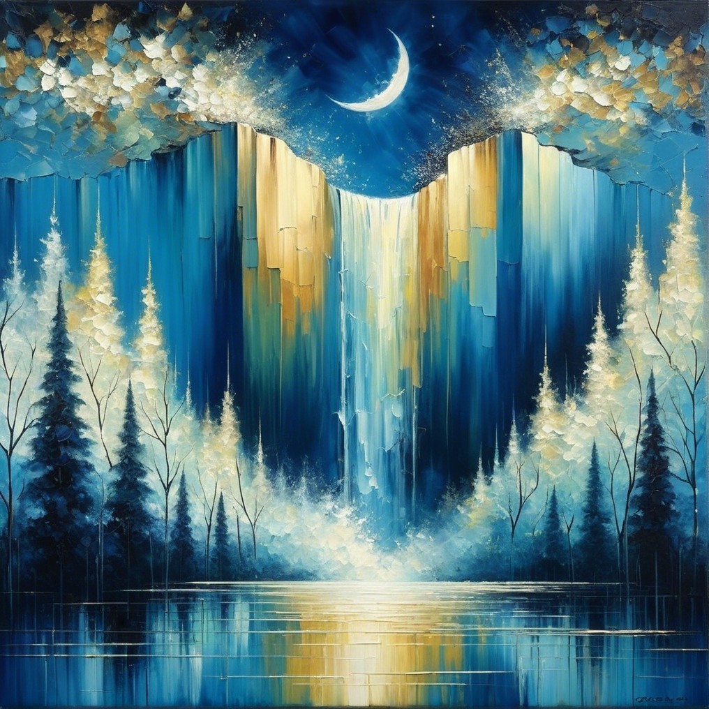 Serene Landscape with Majestic Waterfall and Moonlight