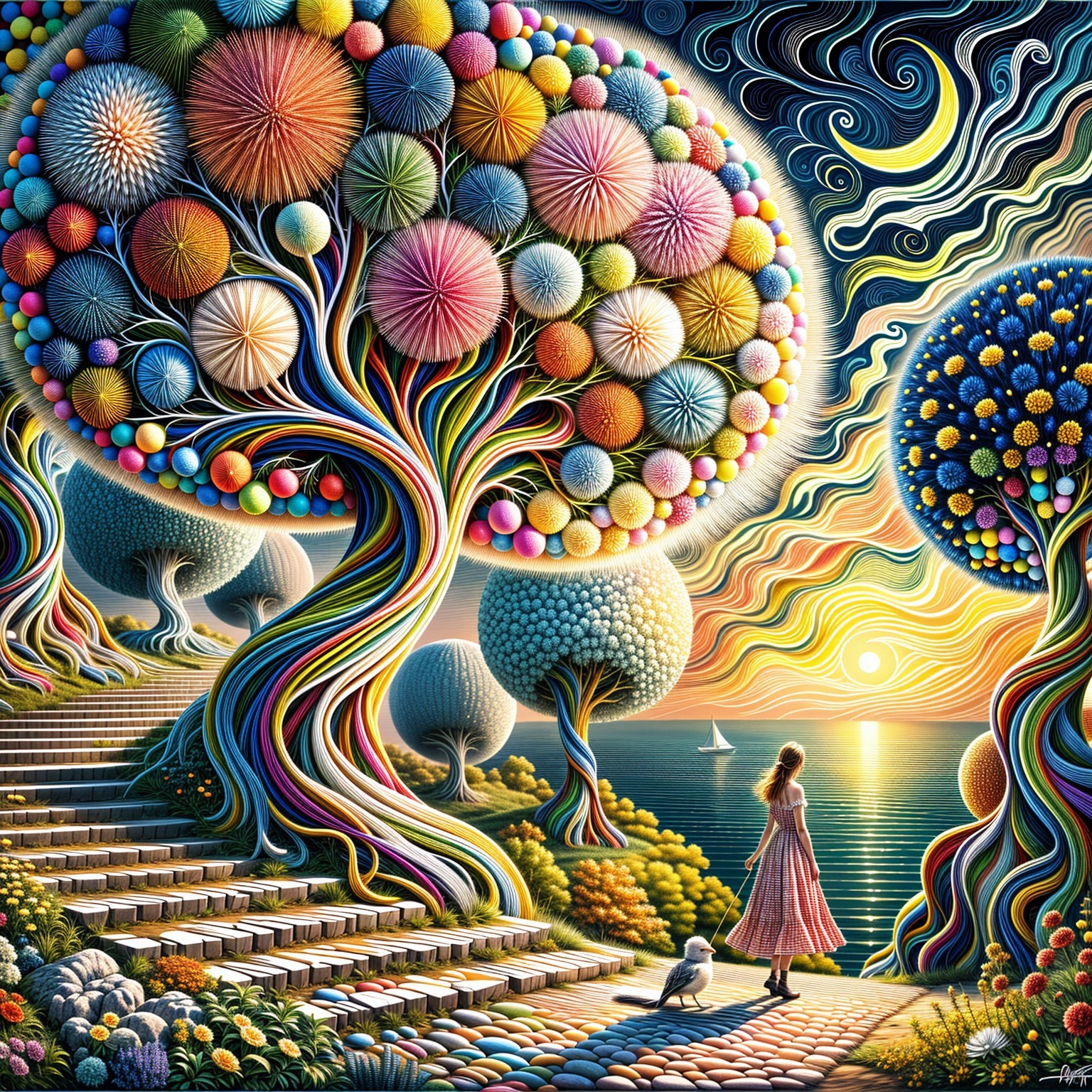 Surreal Landscape with Vibrant Trees and Ocean View